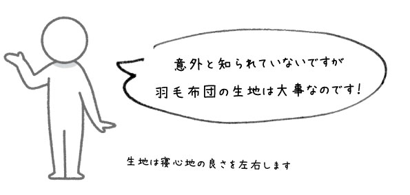 羽毛布団リフォーム　意外と知られていないですが、寝心地を左右するのは羽毛布団の生地です。